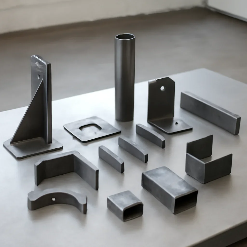 Custom architectural metal components being reviewed in a Seattle fabrication workspace