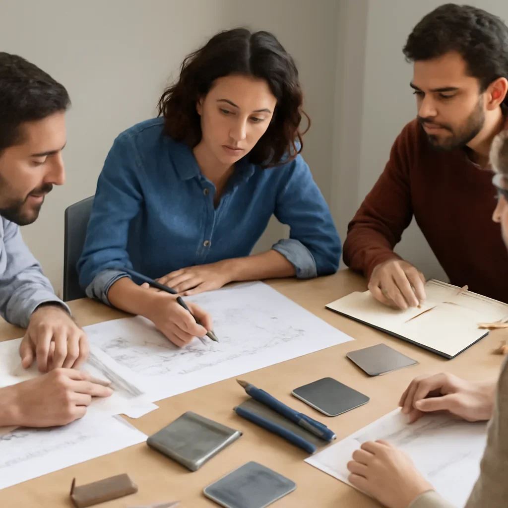 Project planning meeting for custom metalwork with notes, drawings, and material samples
