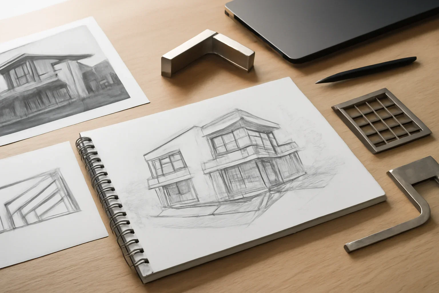 Design-focused scene illustrating architectural metal fabrication for modern homes with custom metalwork references and project sketches