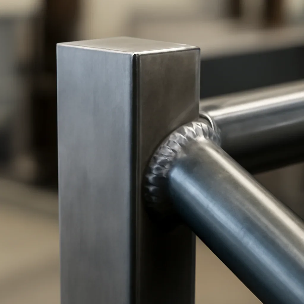 Close detail comparing an architectural custom-fabricated metal assembly with a straightforward welded connection