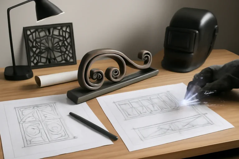 Design-focused scene illustrating custom metal fabrication vs general welding with custom metalwork references and project sketches