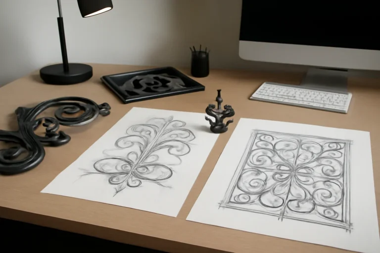 Design-focused scene illustrating decorative vs ornamental metal fabrication with custom metalwork references and project sketches