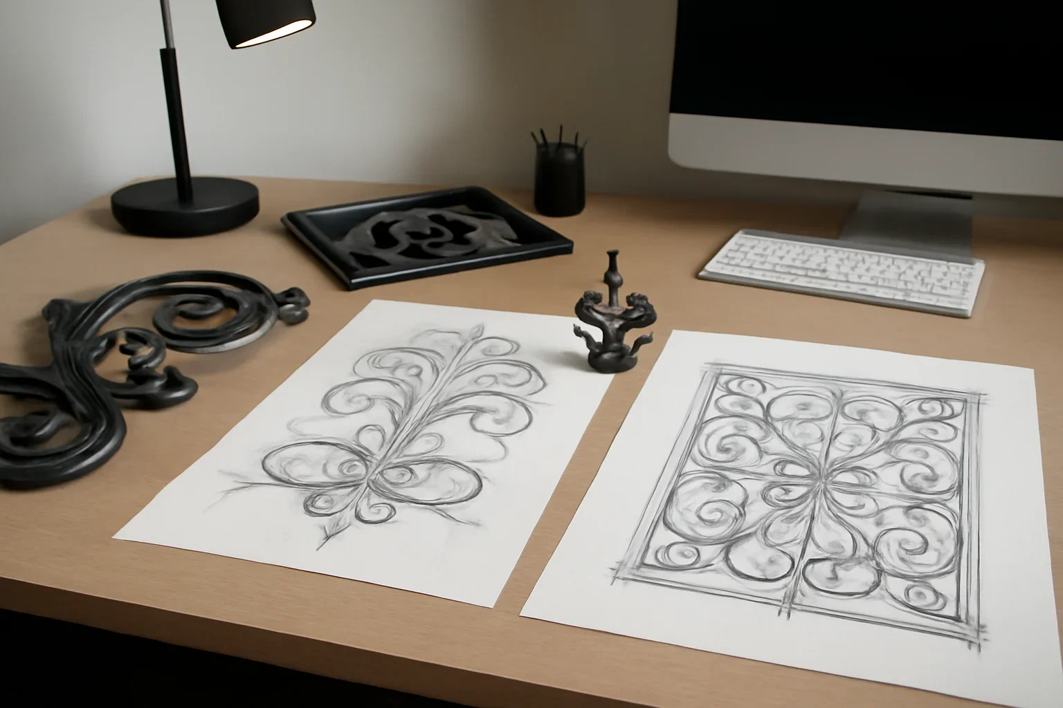 Design-focused scene illustrating decorative vs ornamental metal fabrication with custom metalwork references and project sketches