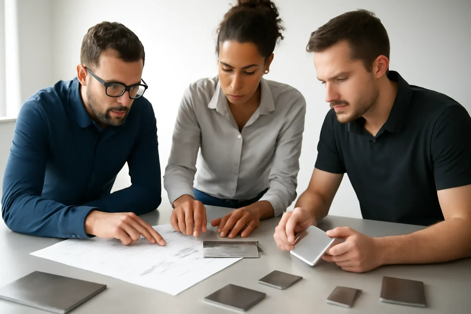 Blog planning session with custom metal drawings and material samples