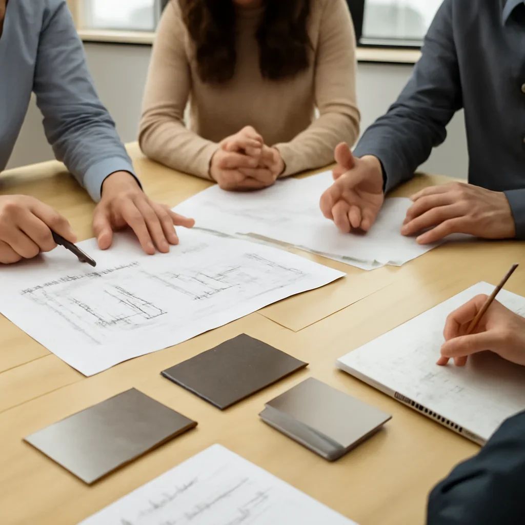 Custom metal fabrication consultation with project drawings, site photographs, measurements and material samples