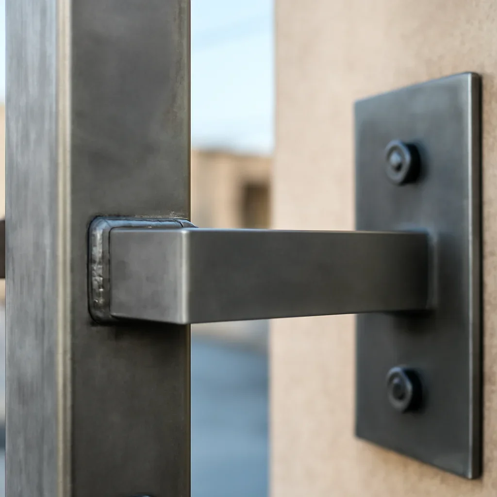 Close detail of custom metal fabrication showing steel profiles, weld preparation, drawings and finish references