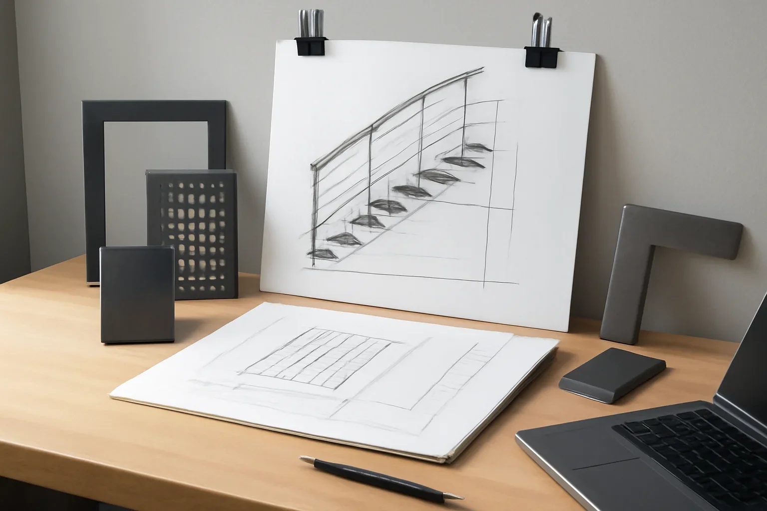 Custom metal fabrication process planning with architectural drawings, steel samples and installation notes