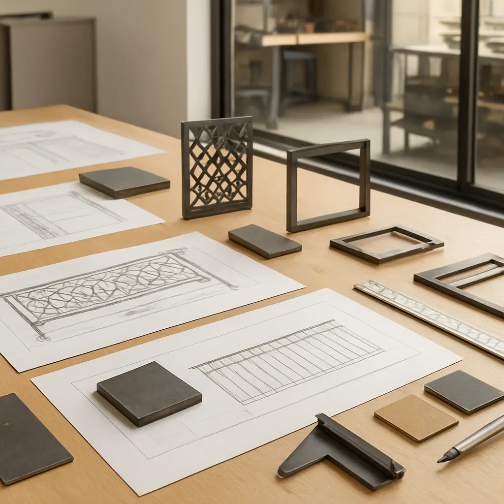 Custom metalwork planning session with decorative patterns, architectural drawings, and metal finish samples