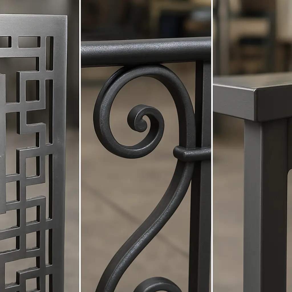Close comparison of decorative, ornamental, and architectural metalwork details, profiles, patterns, and finishes