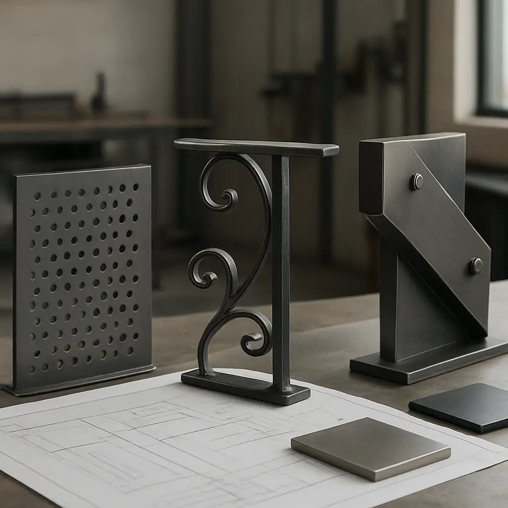 Decorative, ornamental, and architectural metalwork concepts shown with fabrication drawings and metal finish samples