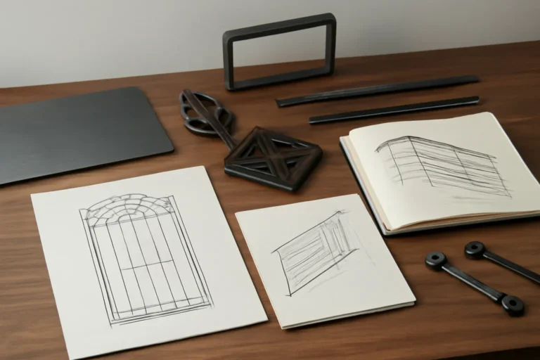 Design-focused scene illustrating metal fabrication design guide for homeowners and architects with custom metalwork references and project sketches