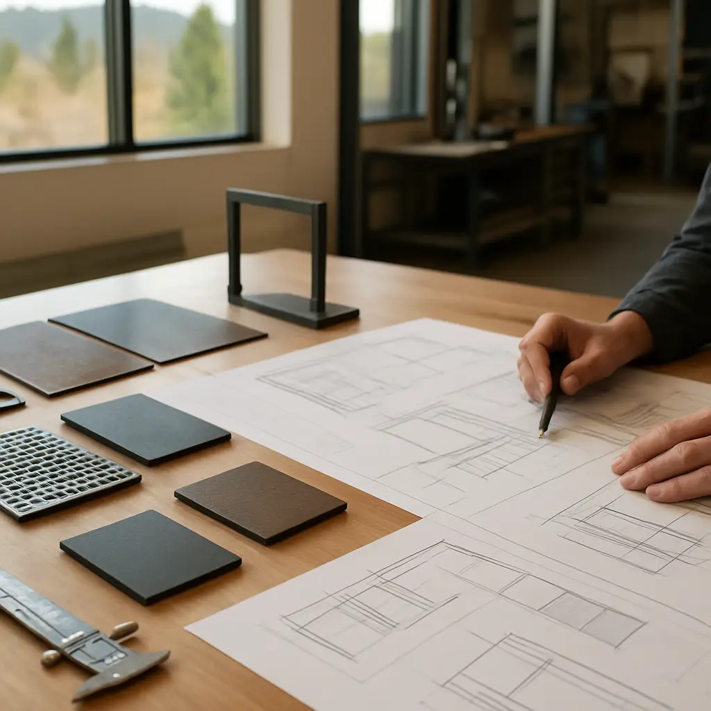 Steel and wood railing comparison planning with architectural drawings, material samples and finish references