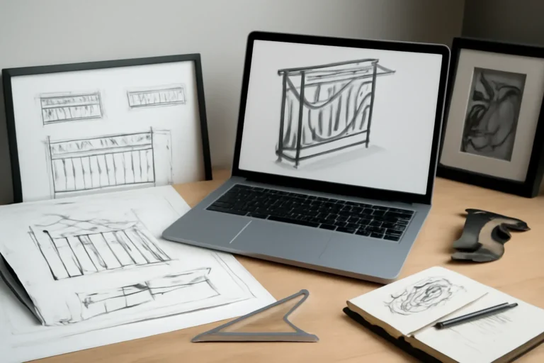 Design-focused scene illustrating shop drawings vs 3d models in metal fabrication with custom metalwork references and project sketches