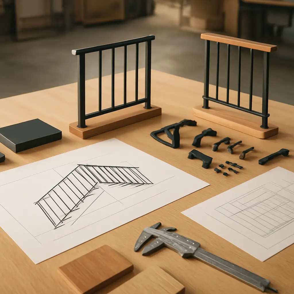 Steel and wood railing project consultation with drawings, measurements, material samples and finish references