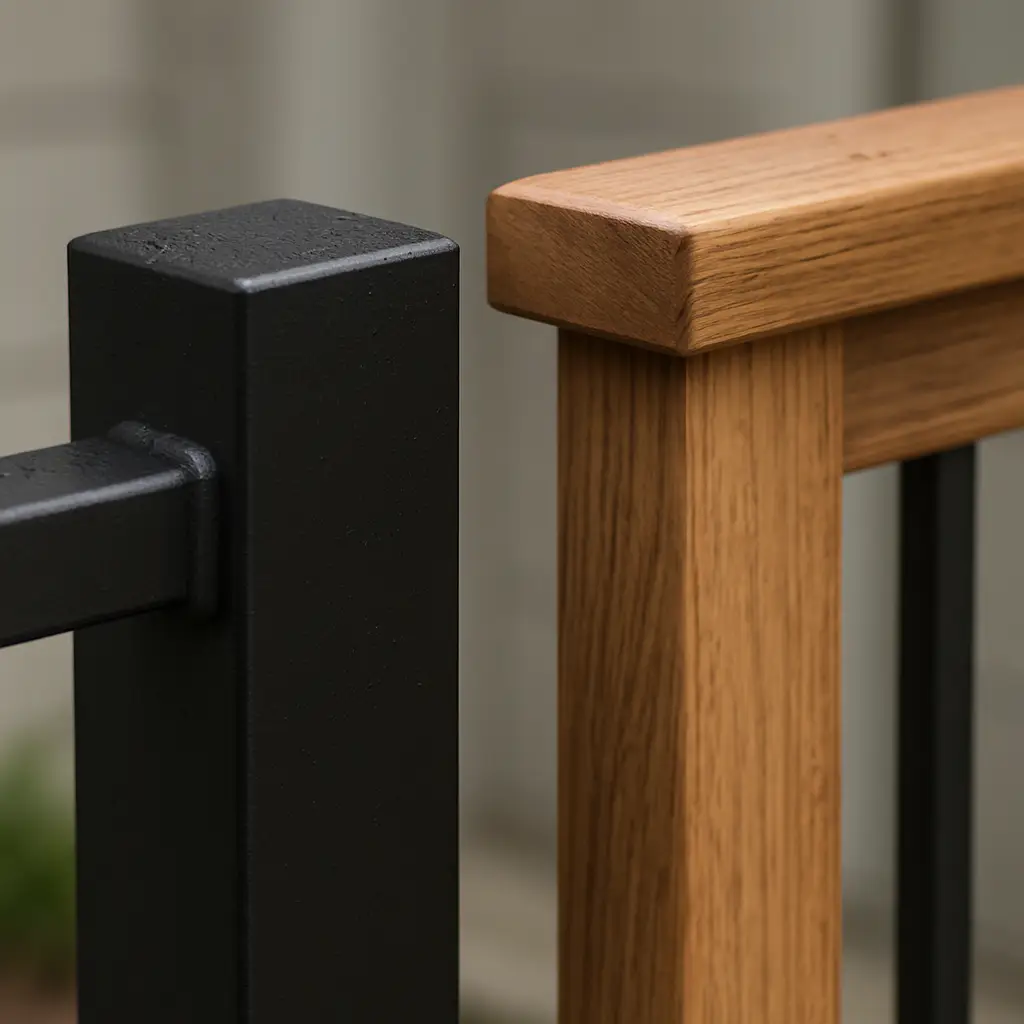 Close comparison of steel and wood railing materials, profiles, finishes and connection details