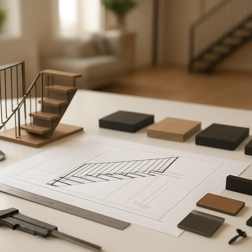 Residential stair planning meeting with steel and wood samples, architectural drawings and project notes