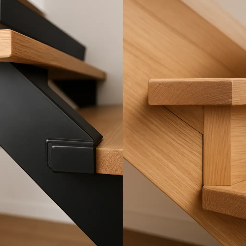 Close comparison of a fabricated steel stair connection and a finished wood stair tread in a modern home