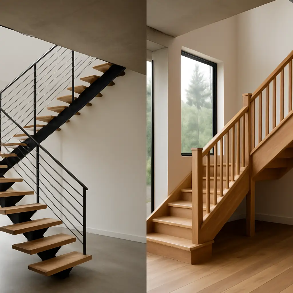 Modern residential interior comparing a slim steel staircase with a contemporary wood staircase and material samples