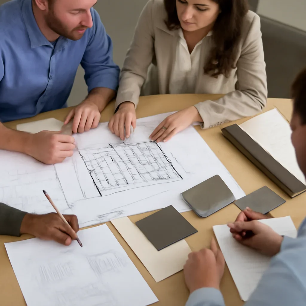 Project planning meeting for custom metalwork with notes, drawings, and material samples
