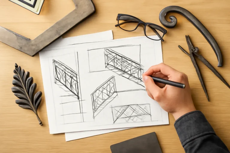 Design-focused scene illustrating what does a metal fabricator do? with custom metalwork references and project sketches