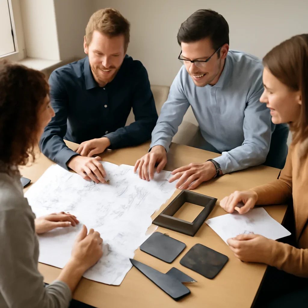 Project planning meeting for custom metalwork with notes, drawings, and material samples