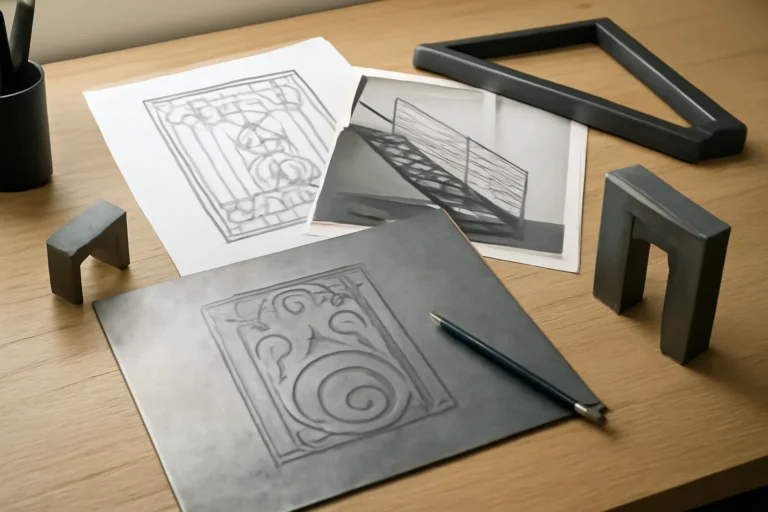 Design-focused scene illustrating what is metal fabrication? with custom metalwork references and project sketches