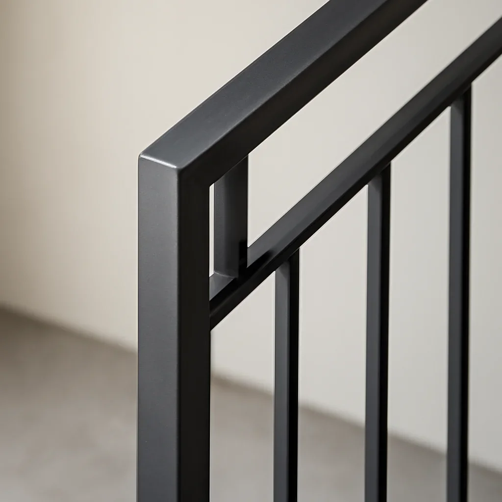Close detail of Bellevue custom metal railings showing precise alignment, clean welds and refined finish work