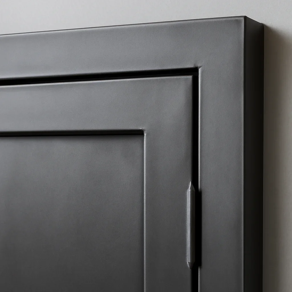Close detail of a Kirkland architectural metal door showing precise frame alignment and refined finish work