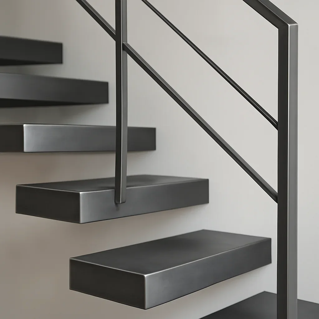 Close detail of a Seattle steel staircase showing precise alignment, clean lines and refined fabrication