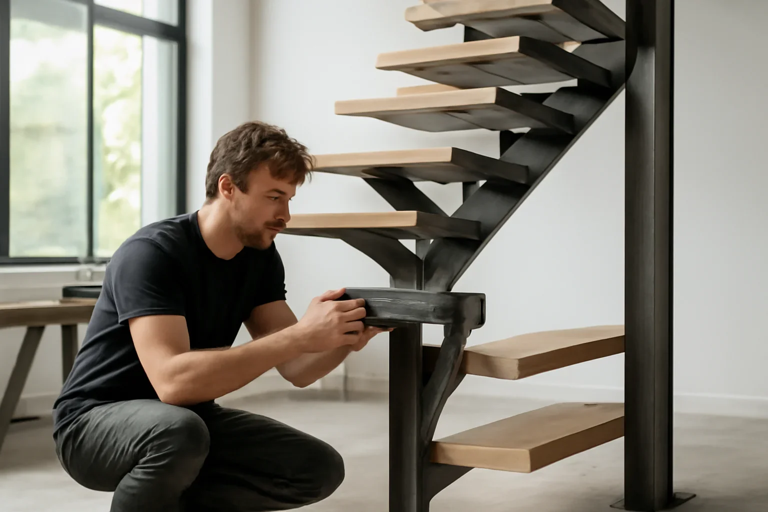 Seattle floating staircase project review with custom metal details and architectural planning materials