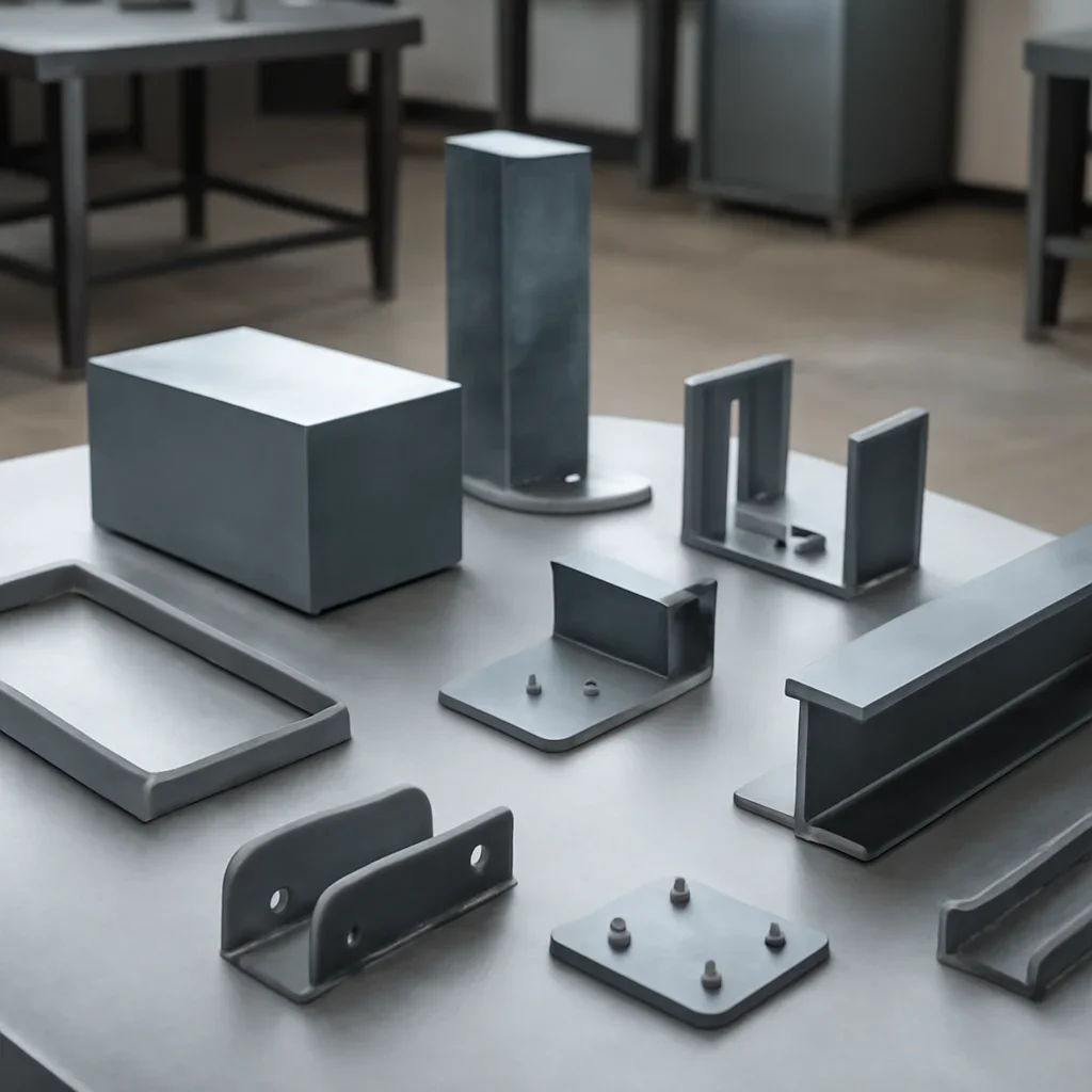 Custom metal components and project details arranged in a professional fabrication workshop