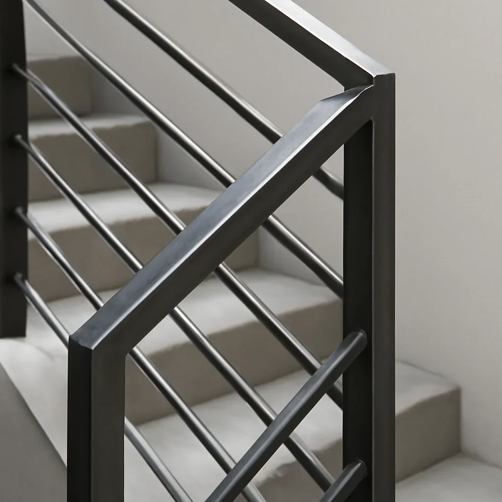 Close detail of a Tacoma stair and railing renovation showing precise alignment, clean metalwork and coordinated finish details