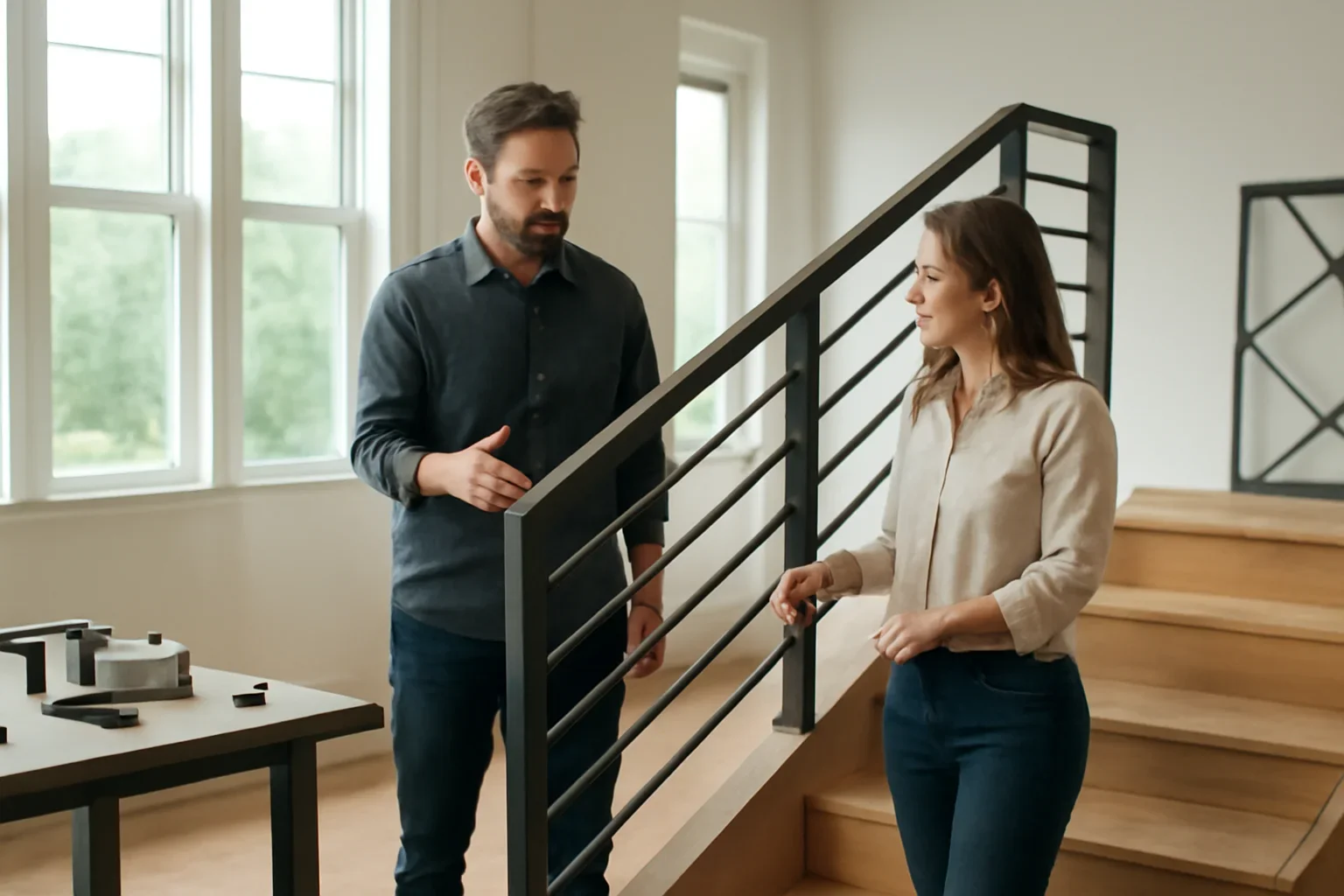 Tacoma stair and railing renovation review with architectural drawings, field measurements and metal finish samples