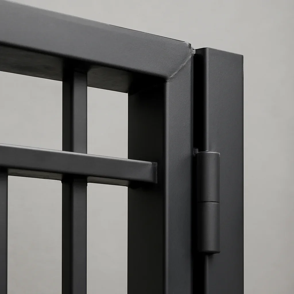 Close detail of a Seattle steel entry gate showing precise alignment, clean welds and durable exterior finish work