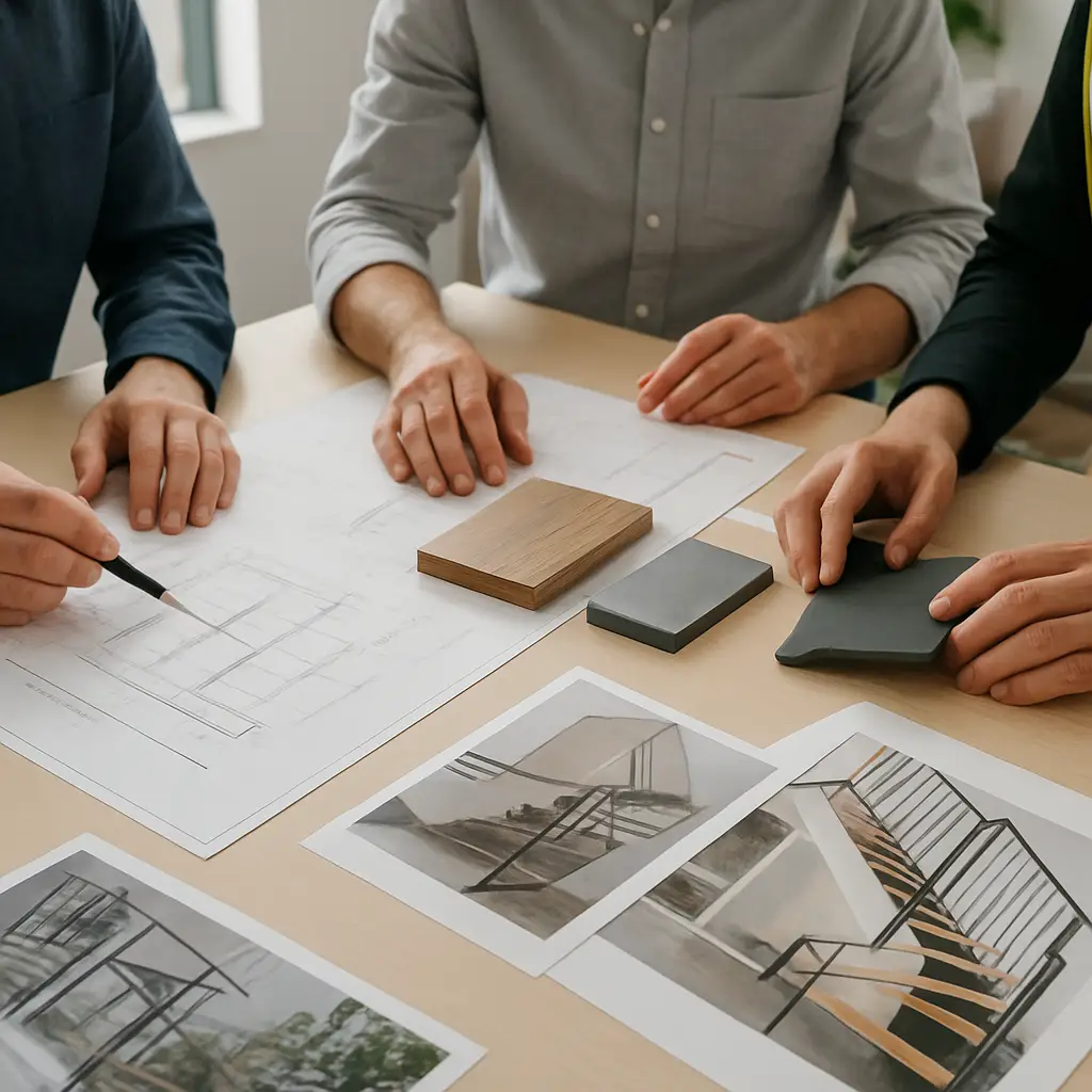 Project consultation comparing metal, wood, drawings, measurements and finish options