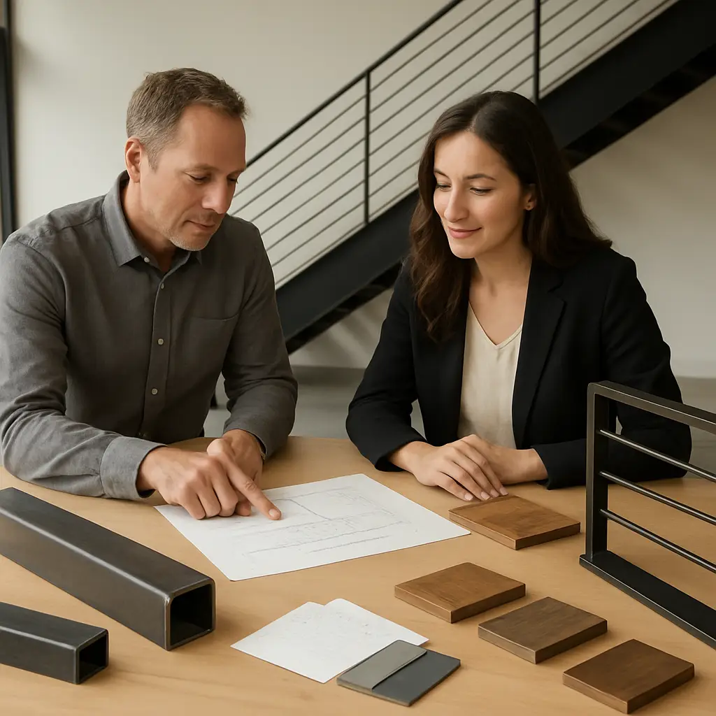 Architect and metal fabricator comparing custom metalwork materials, drawings and finish samples