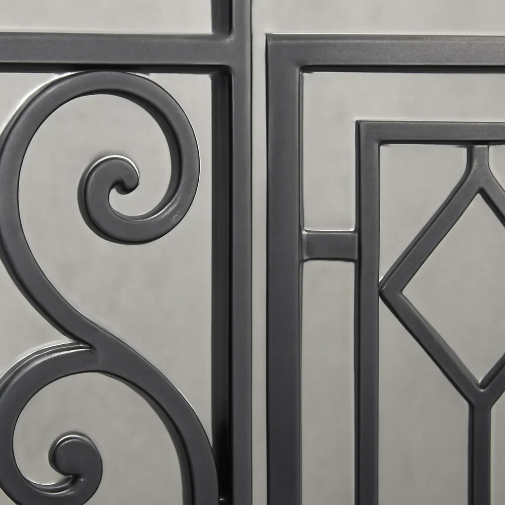 Close view of ornamental and decorative metal fabrication showing precise patterns, welds and finish details