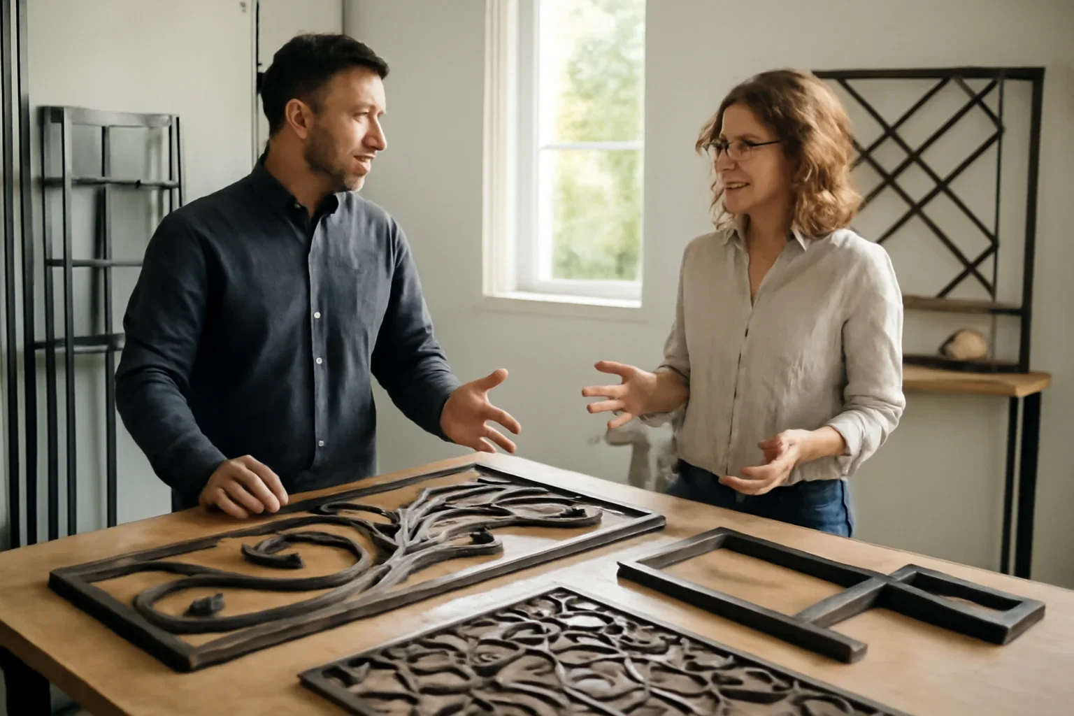 Ornamental and decorative metal fabrication concepts being compared for a Seattle architectural project