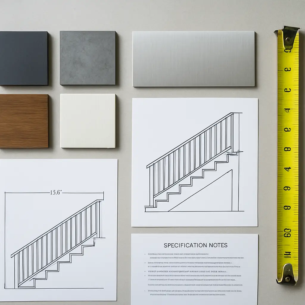 Steel, wood and metal finish samples arranged beside architectural comparison drawings