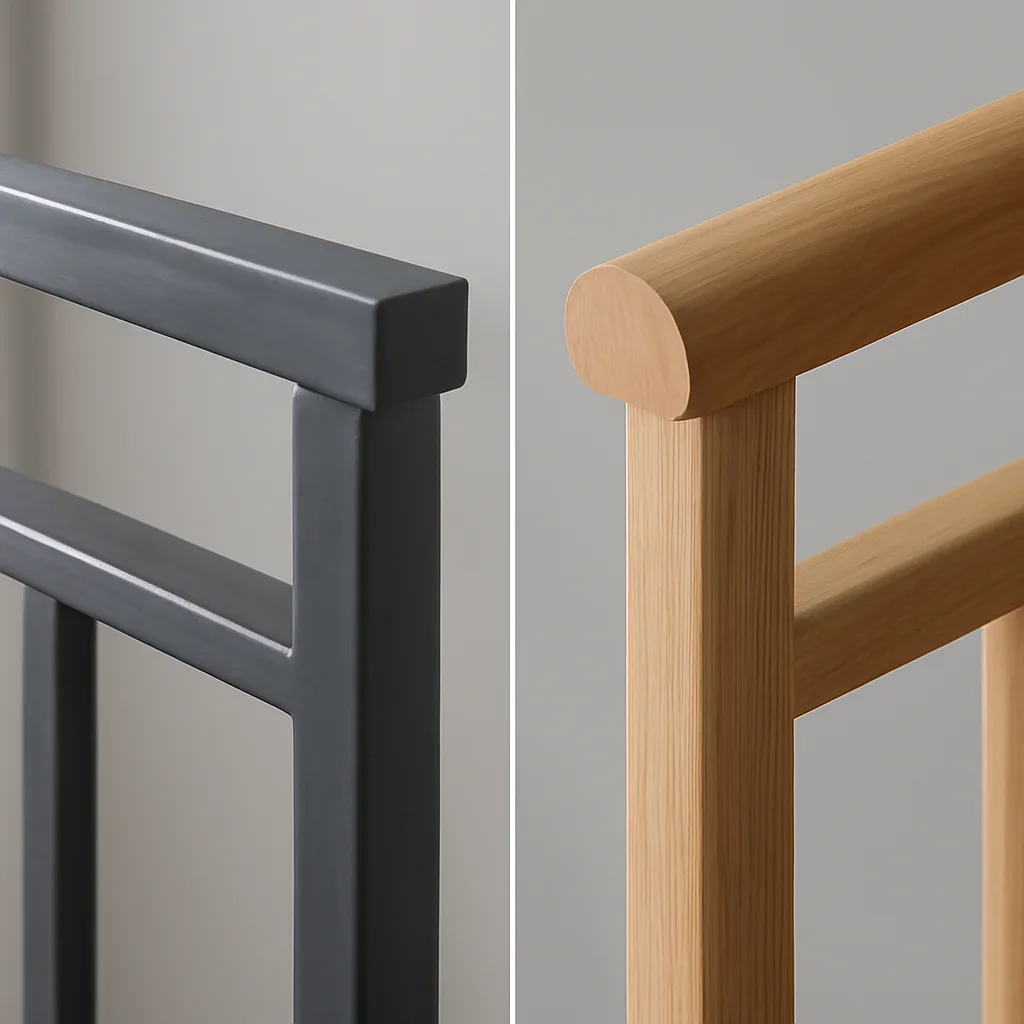 Close detail comparing a finished steel railing with wood railing materials for a Seattle project