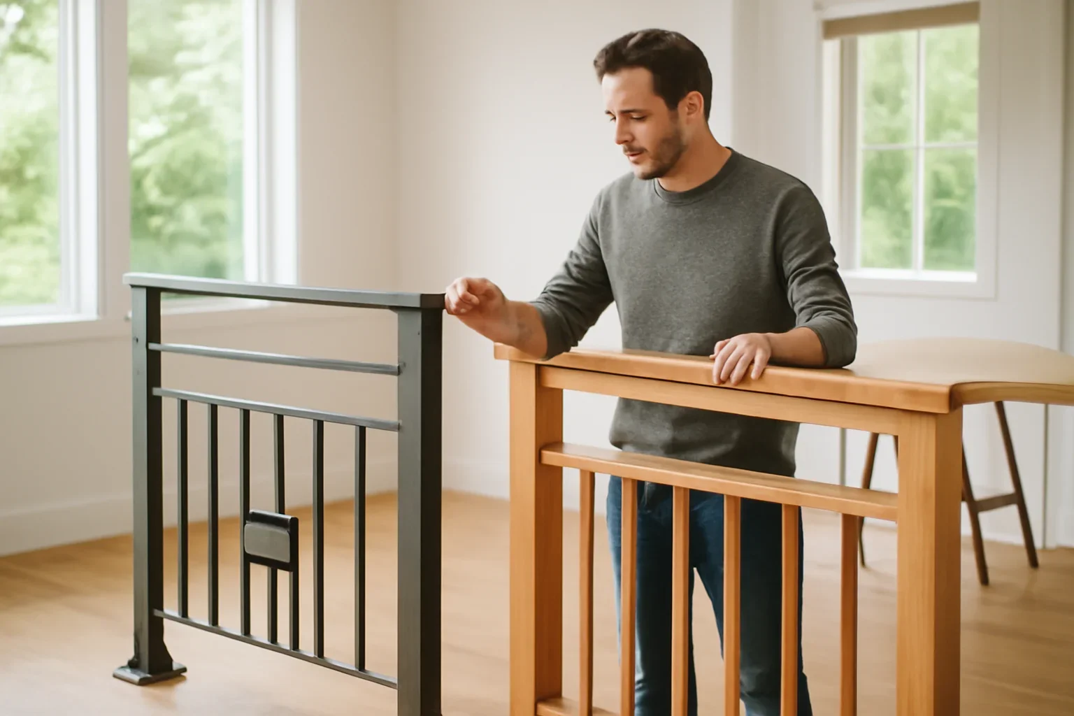 Steel and wood railing materials being compared for a Seattle architectural project