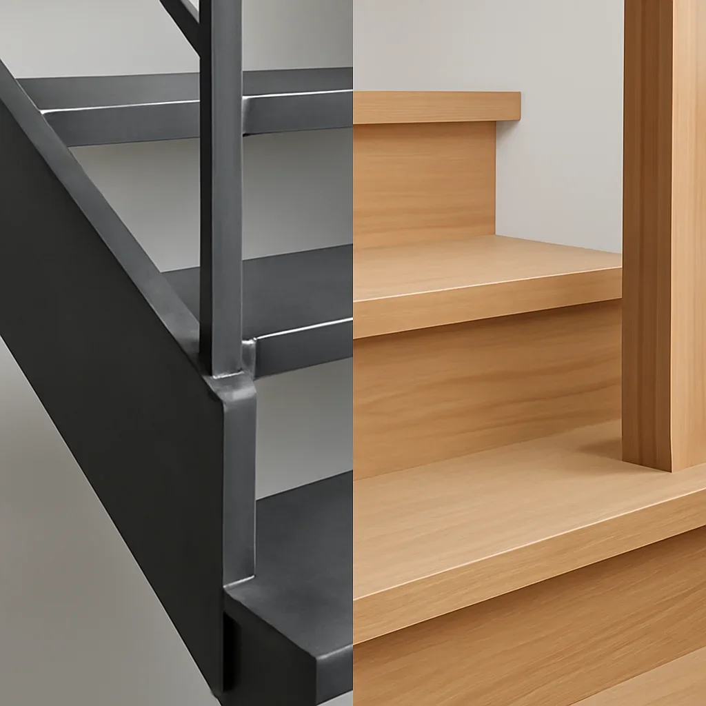 Close detail of a custom steel staircase with precise fabrication, finished connections and wood stair elements