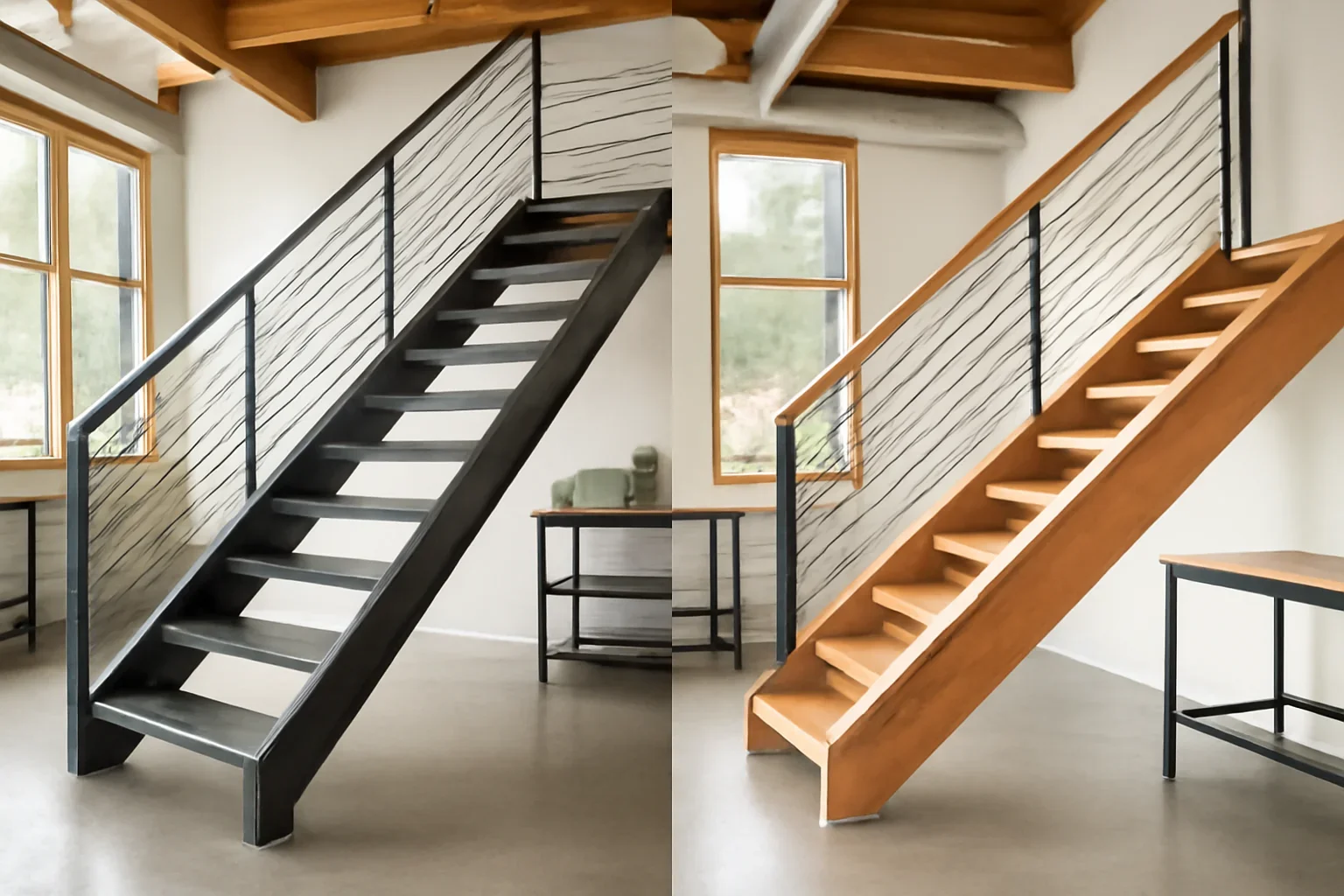 Steel stairs and wood stairs being compared for a modern Seattle residential project