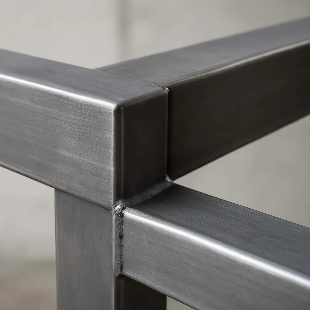 Close view of bespoke metalwork showing precise edges, custom geometry and refined finish details