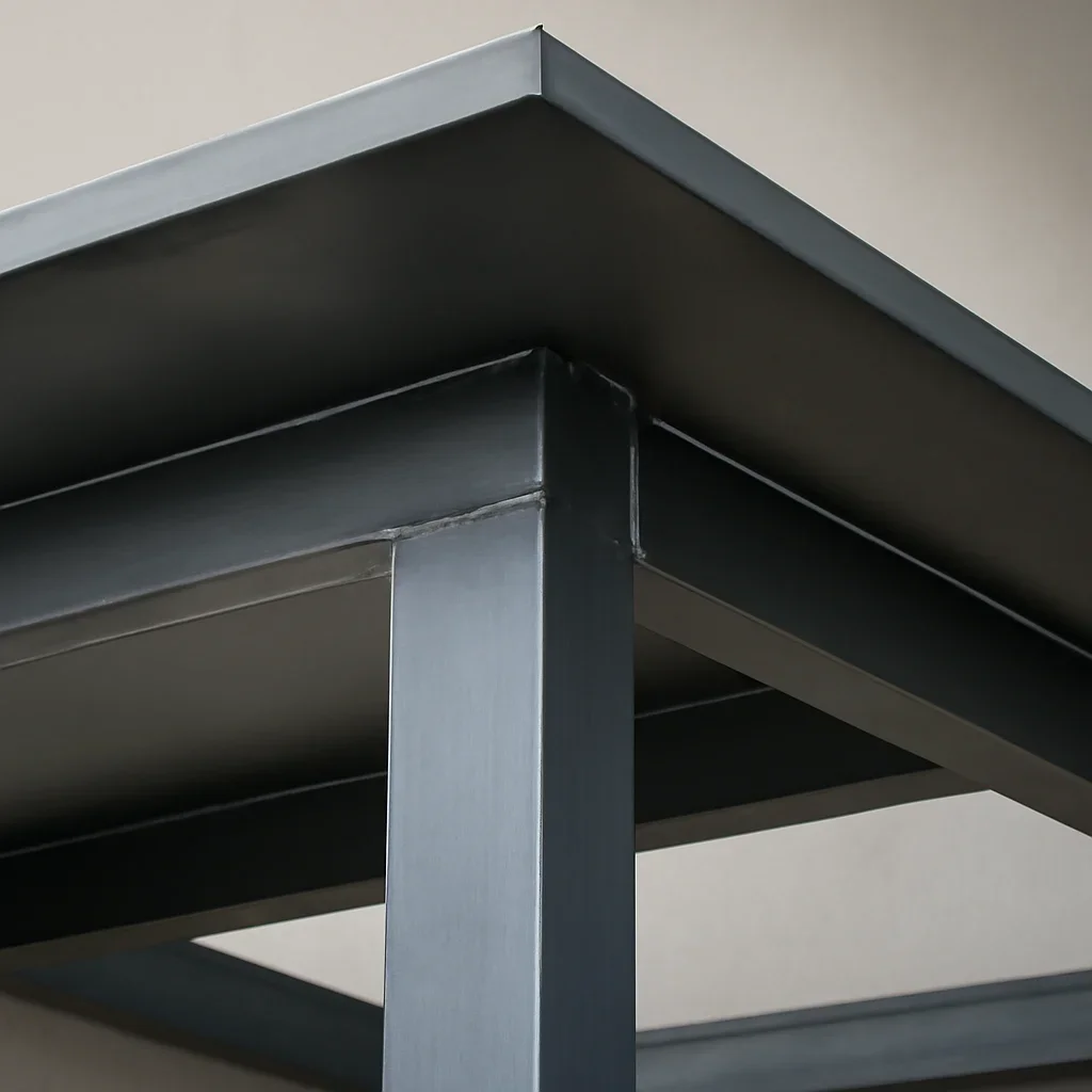 Close view of a custom metal canopy showing clean fabrication, connections and exterior finish