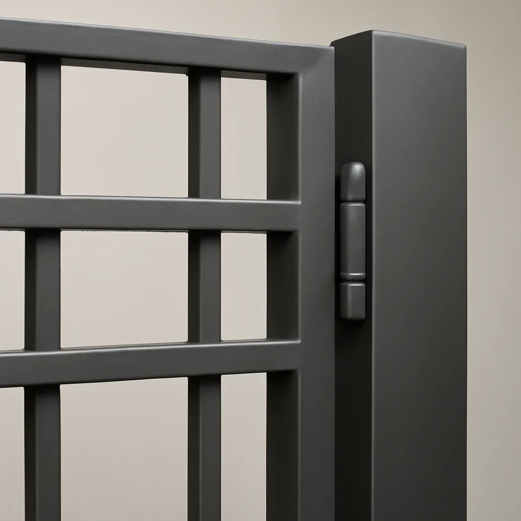 Close view of a custom metal entry gate showing hinges frame finish and fabrication details