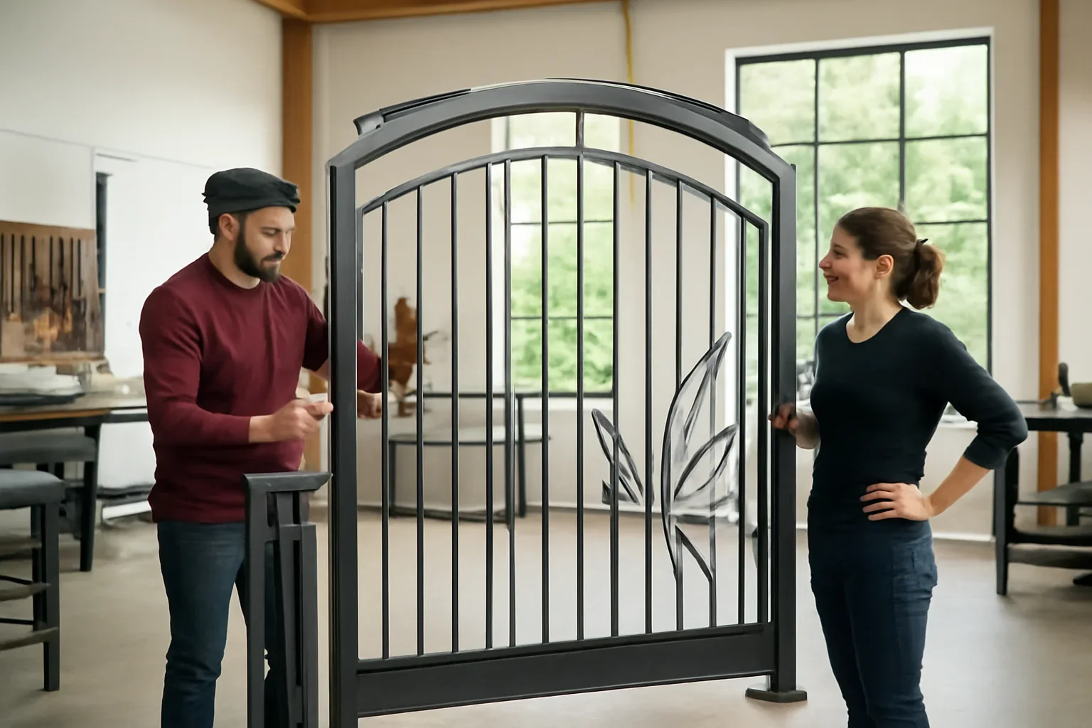 Seattle custom entry gate planning session with architectural drawings and metal finish samples