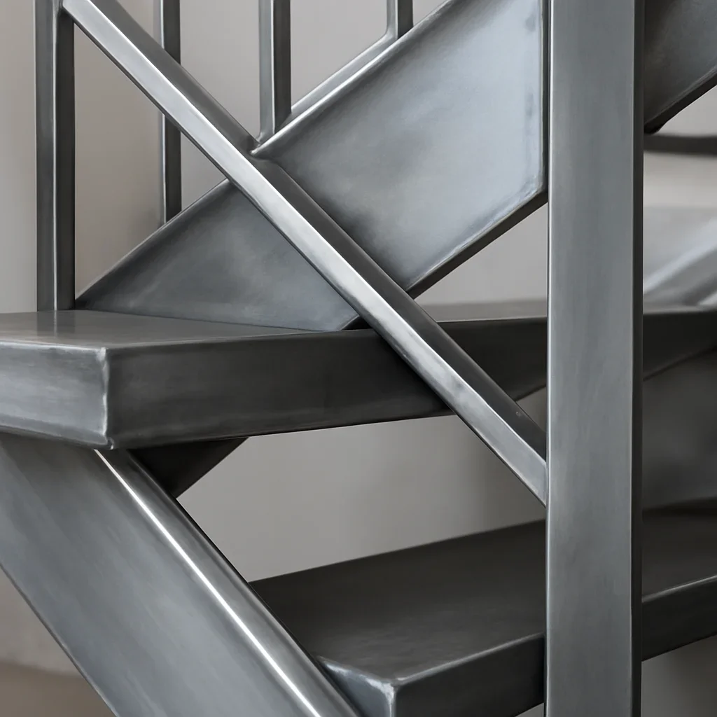 Close view of custom metal stair stringers connections and refined fabrication details