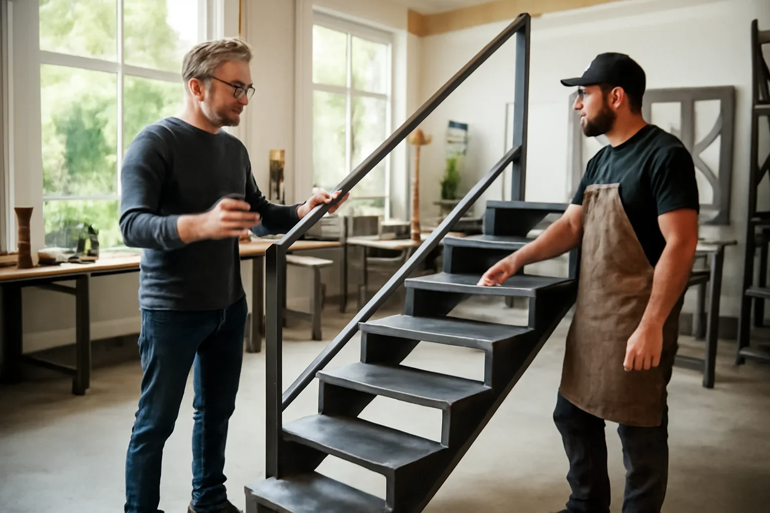 Custom metal stair design discussion with architectural drawings and fabricated steel details