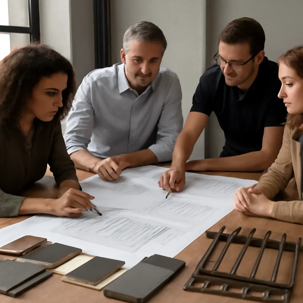 Decorative metal fence consultation with site drawings, finish samples and material selections
